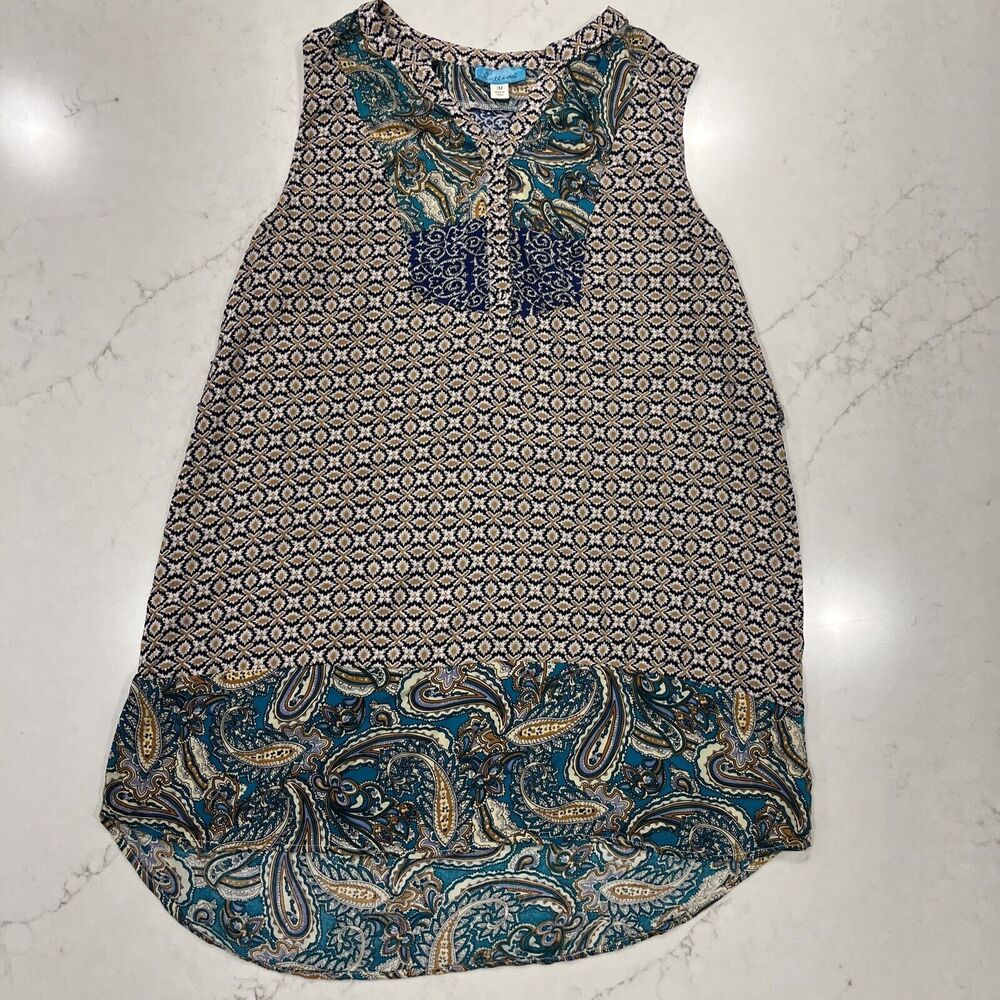 Buttons Sleeveless Pull Over Tunic Geometric Paisley Boho Blouse Shirt‎ Sz M